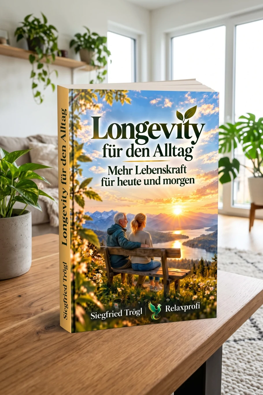 Longevity für den Alltag von Siegfried Trögl als Buch auf einem Holztisch in einem hellen Raum mit Pflanzen